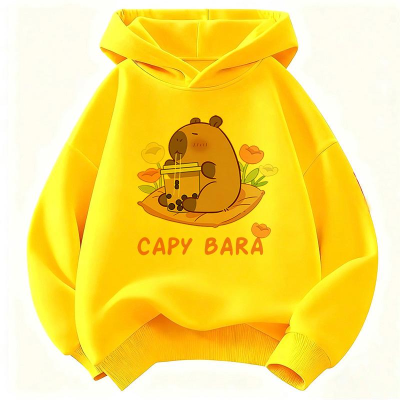 Kawaii Capybara Drinking Juice Hoodie Kids Flower Children's Sweatshirt Hoody for Boys Girls Casual Hoodies Clothes