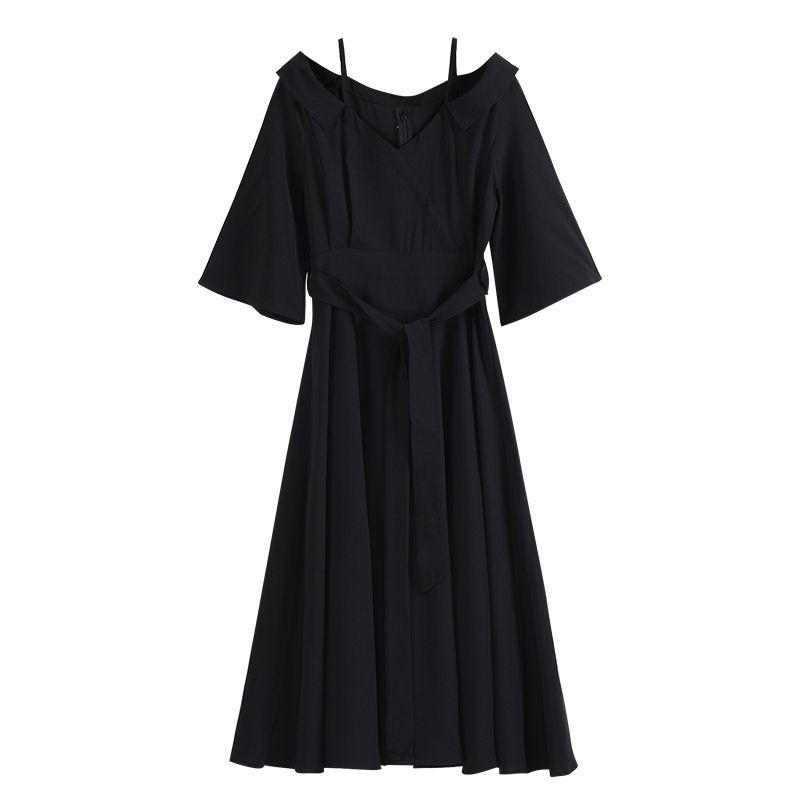

Off-the-Shoulder Fashion-Style off-the-Shoulder Black Dress with Suspenders Black Plus size XL