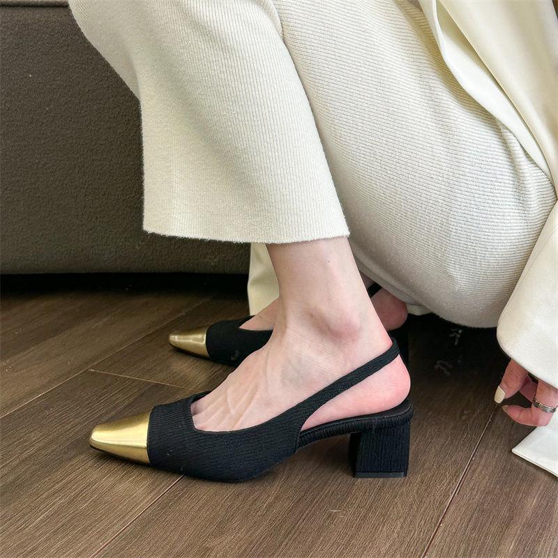 Korean version of gold-headed high-heeled shoes thick-heeled Mary Jane shoes spring new light mouth high thick-heeled sandals with skirt 35 чёрный