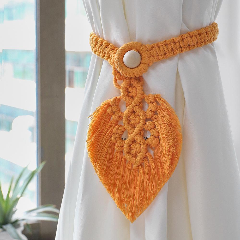 Bohemian Woven Curtain Tiebacks with Tassel, Leaf, and Wood Bead Decor