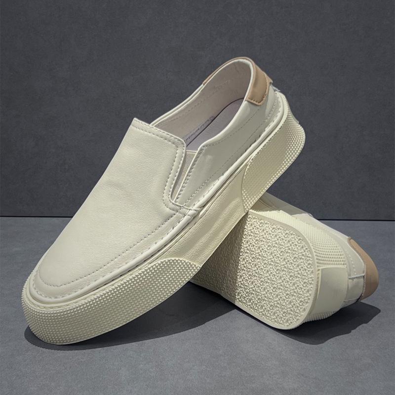 Cross-Border One-Pedal Men'S Shoes First-Layer Cowhide Thick-Soled Casual Board Shoes Spring New Lazy Foot Cover White Shoes Genuine Leather