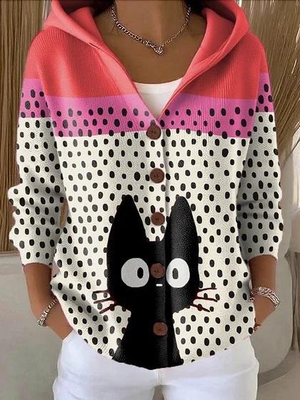 New V-neck button long-sleeved hooded sweater autumn and winter Christmas fashion personalized coat women