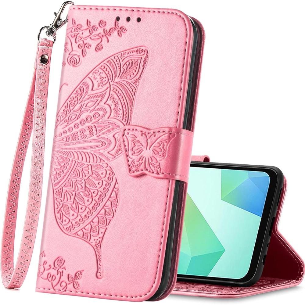 

Butterfly Texture Flip Wallet Case For Samsung S26 S25 S24 S23 S22 Ultra Plus FE Women Stand Protective Cover With Wrist Strap Galaxy S26+ розовый