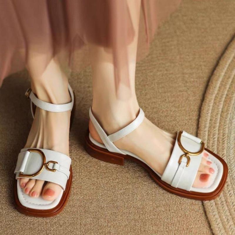 Women Sandals Square Toe Open Toe Low Heel One-line Buckle Metal Buckle Shoes Concise Style Plus-size Retro Sandalias De Mujer
