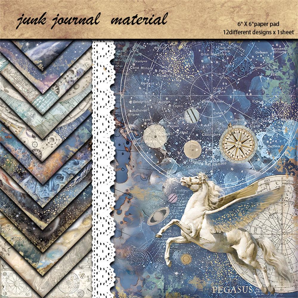 12 Sheets Retro Blue Night Sky Journal Collage Paper