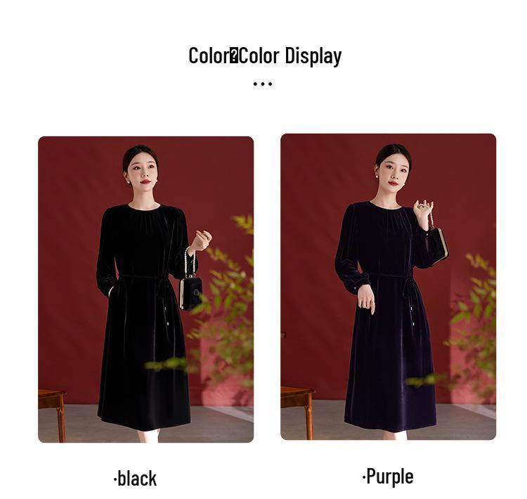 Elegantní retro midi šaty ze sametu - Dámské se zavazováním v pase, dlouhým rukávem, z morušového hedvábí na podzim/zimu