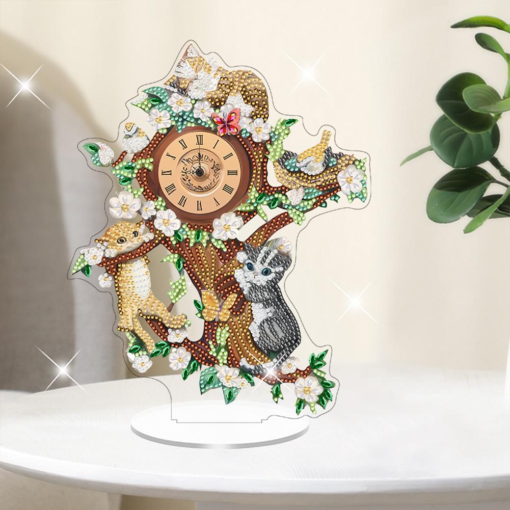Acrylic Special Shape Tree Kitten 5D Diamond Painting Clock Art Craft DIY Crystal Diamond Clock Diamond Art Clock Ornaments Kit