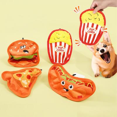 Jouets interactifs pour animaux de compagnie Épais Tissu Oxford Résistant aux morsures Jouets à mâcher couinants pour chiens avec son Formes alimentaires Burger Pizza Popcorn pour le nettoyage des dents le jeu