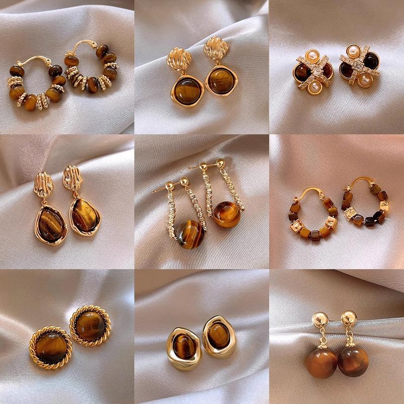 Maillard Design Minimalist Round Tiger Eye Stone Pendant Stud Earrings for Gothic Girls New Accessories Fashion Jewelry