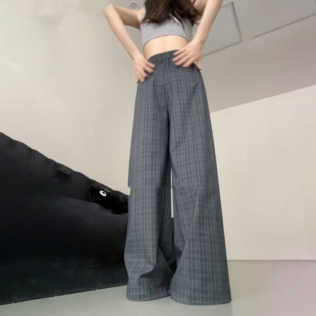 Frühlings-/Sommerliche fließende hochtaillierte karierte Hose mit geradem Bein für Damen - Lässige Weitbein-Hose