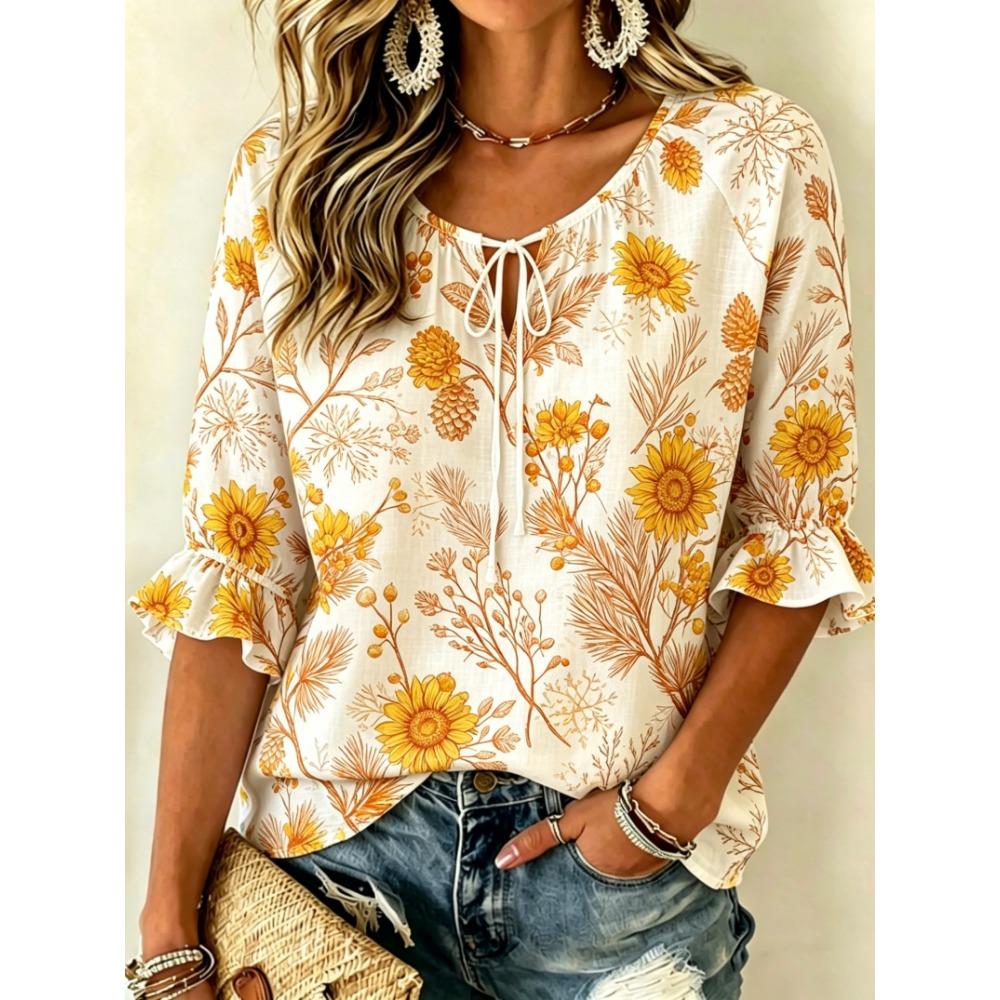 Women's Soft Pink Botanical Print Tie Front Blouse, Casual Loose Top for Spring Summer Daily Wear