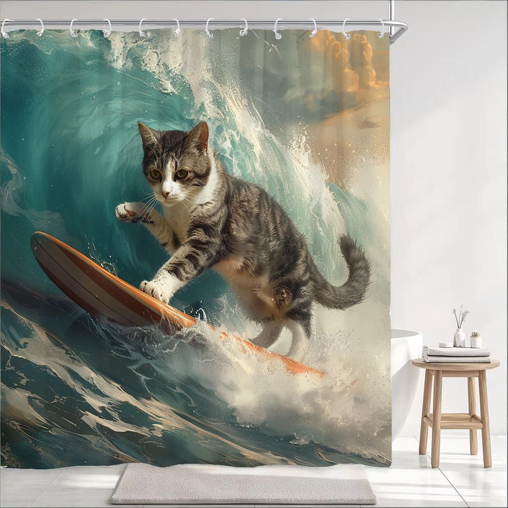 Funny And Creative Surfing Cat Shower Curtain, Bathroom Decorative Curtain, Printed Polyester Fabric Home Curtain With Hooks