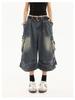 Amerikanische Retro Damen Multi-Taschen Denim Capri Shorts - Locker, Weitbein, Mittellang Sommer Arbeitskleidung