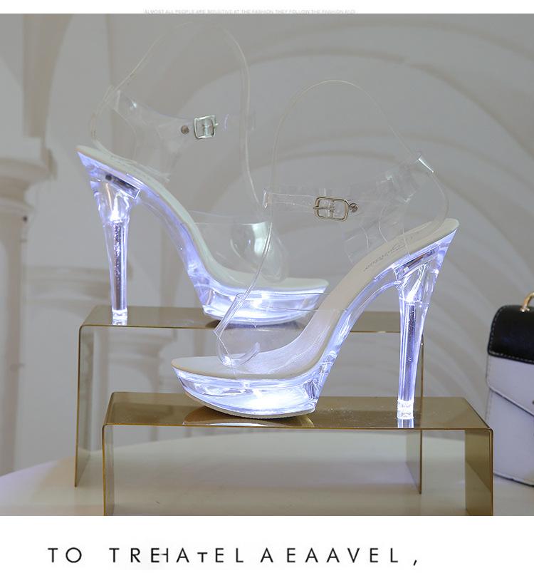 Damesandaler med LED-lys Gjennomsiktig hæl Sexy Superhøye hæler Lysende Stilettsandaler Gjennomsiktige Bryllupssko. LFD-1099-F