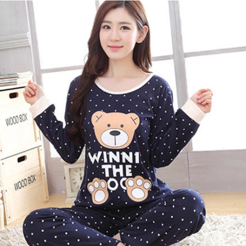 Spring Autumn Thin 2pieces Pyjamas Set Women Round Neck Girls Bear Pajamas Sets Teacup Cat Full Sleepwear Tops Pajama Sets
