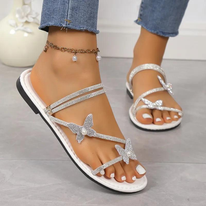 Fashion Ladies Shoes 2025 New Open Toe Women's Slippers Fashion Crystal Butterfly-knot Daily Summer Plus Size Best Seller Flat Slippers