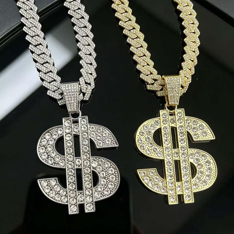Hip Hop Iced Out Gold Dollar Sign Pendant Necklace Western Bold Statement Unisex Trendy Fashion Jewelry Gift