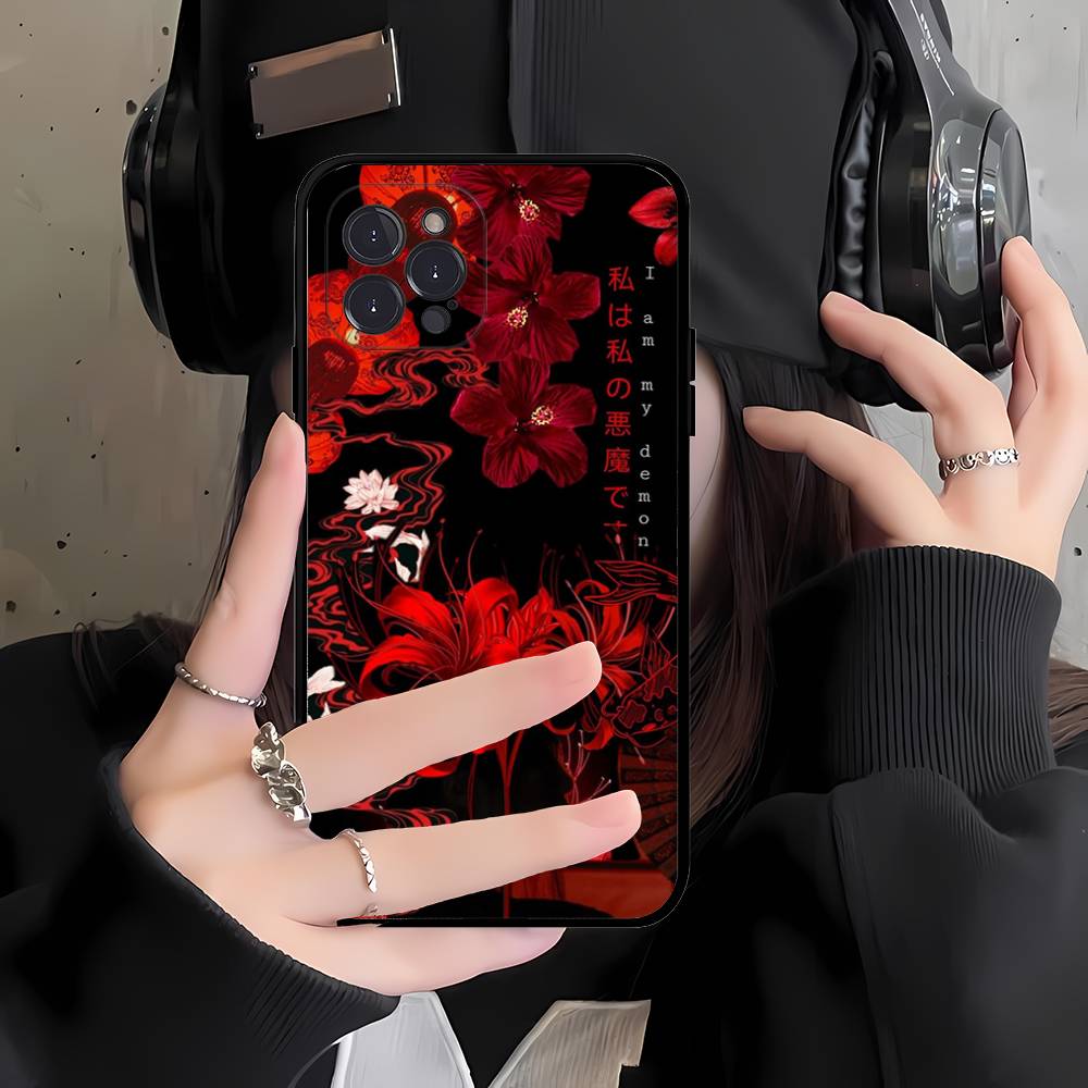 Rote Spinnenlilie Japan Kunst Schwarze Weiche Handyhülle Für IPhone 16 15 14 13 11 12 17 Pro Max Mini Plus