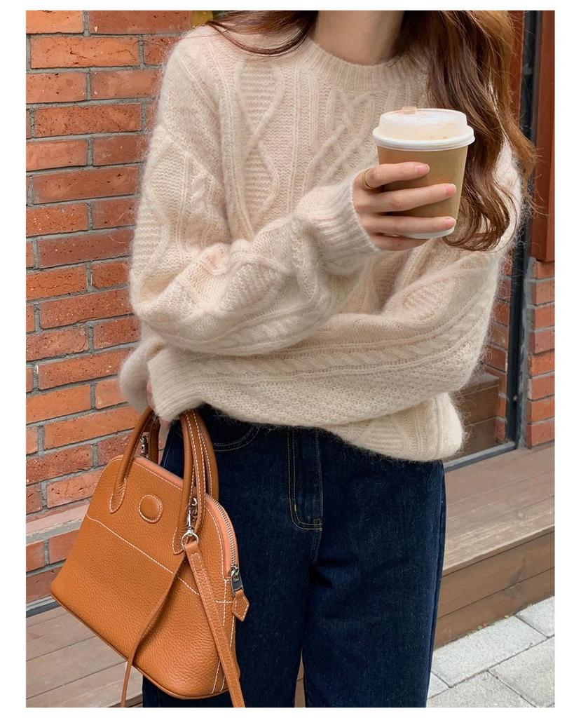 Women's Gentle Style Cashmere Round Neck Cardigan - Autumn Winter Twist Flower Knit Sweater