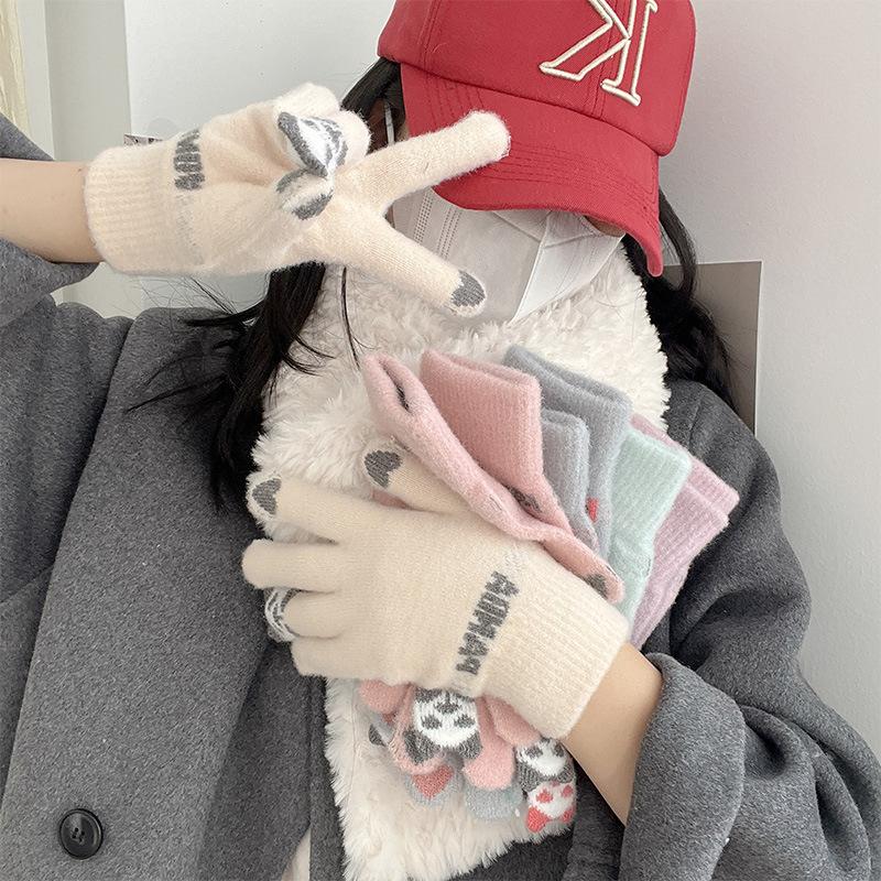 Winter Panda Gloves Korean Version of Cute Plush Warmth and Cold Riding Biker Students Touch Screen Windproof Gloves