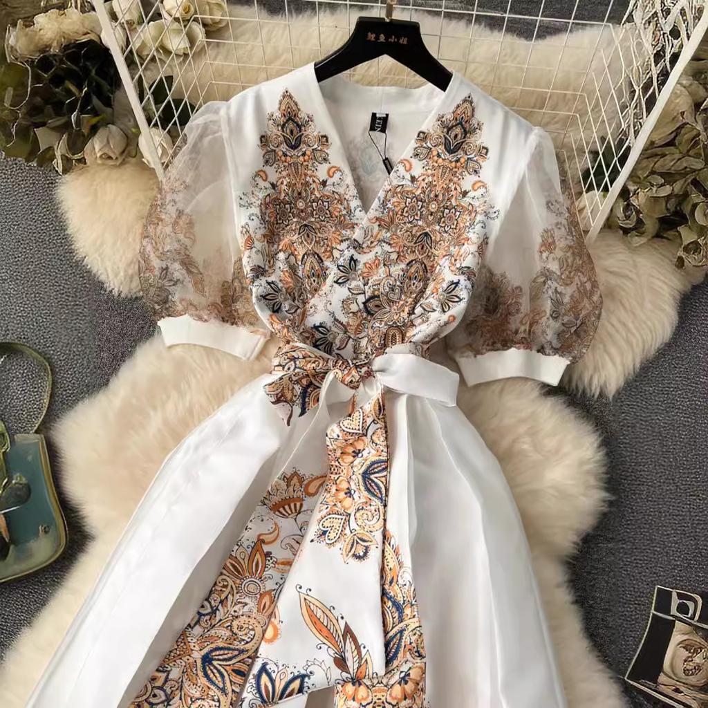 Designer blomstertrykk feriekjole kvinner palassstil high-end Elegant kjendis Midi lang kortermet vestidos