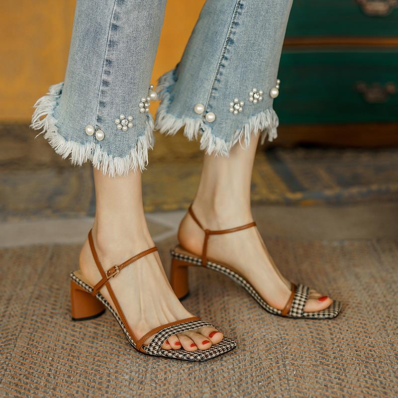 Fashion 2024 Summer Women Sandals Open Toe Women Shoes Elegant High Heels Genuine Leather Shoes for Women Party Shoes