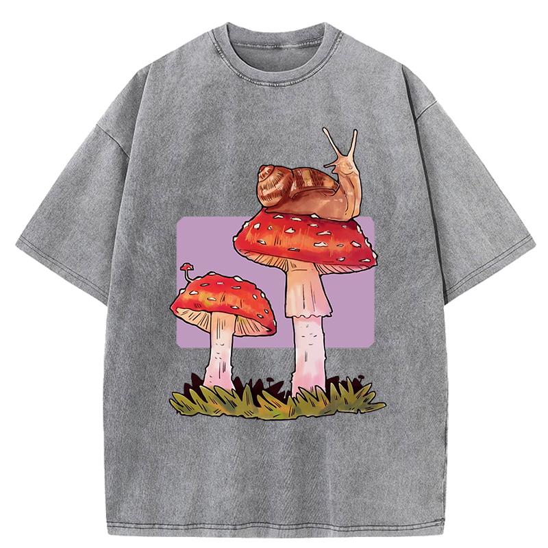 Snail Mushroom Creative Printed Womens Washed T Shirts Cotton Hip Hop T-Shirt Casual Y2K Soft Sportswear Loose Clothes