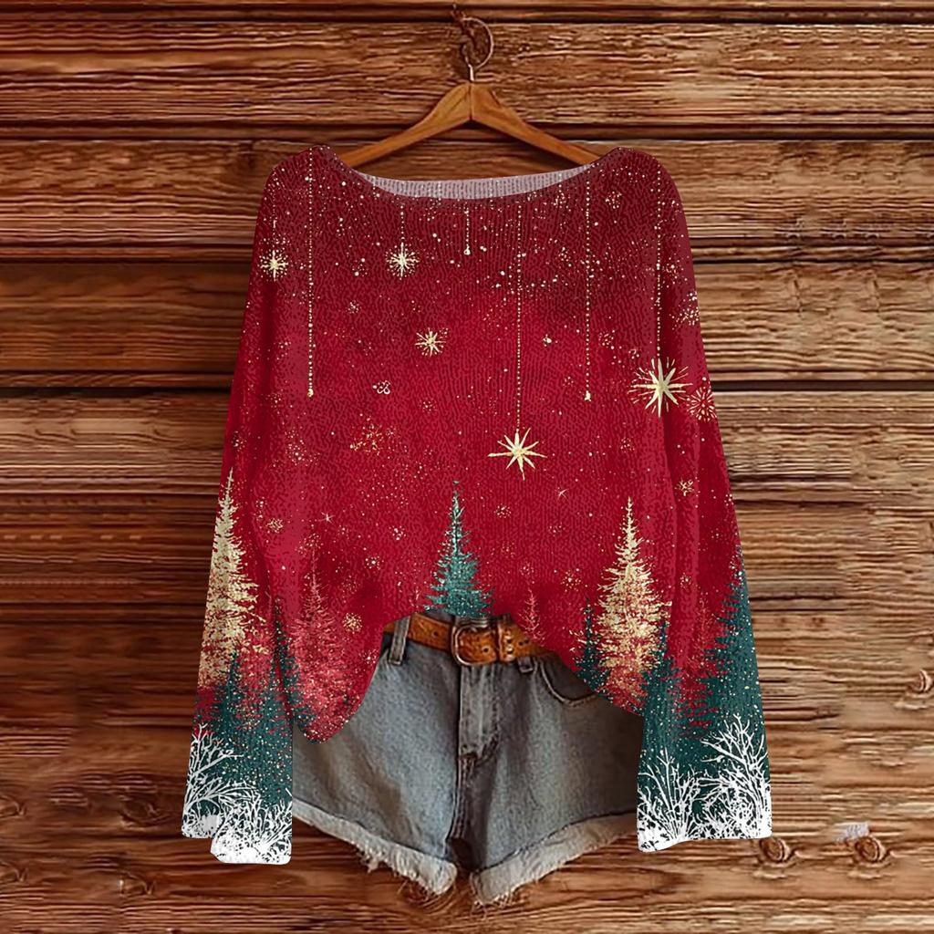 Women's Round Neck Lightweight Sweater Casual Long Sleeve Christmas Print Knit Pullover.
