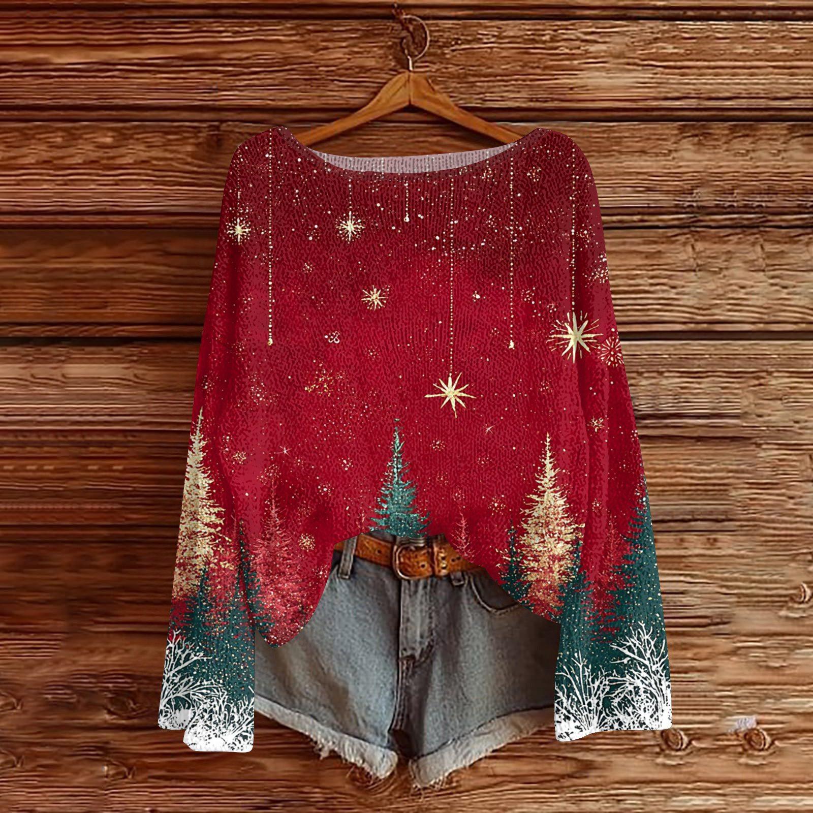 

Женский легкий свитер с круглым вырезом, повседневный вязаный пуловер с длинным рукавом и рождественским принтом. XL красный