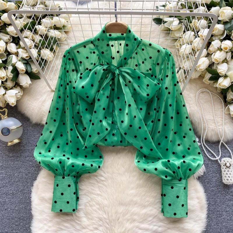 Francouzský Retro Společenský Styl Špičková Polokošile pro Ženy Na Podzim s Bufetovými Rukávy a Designem Mašle, Temperamentní Top