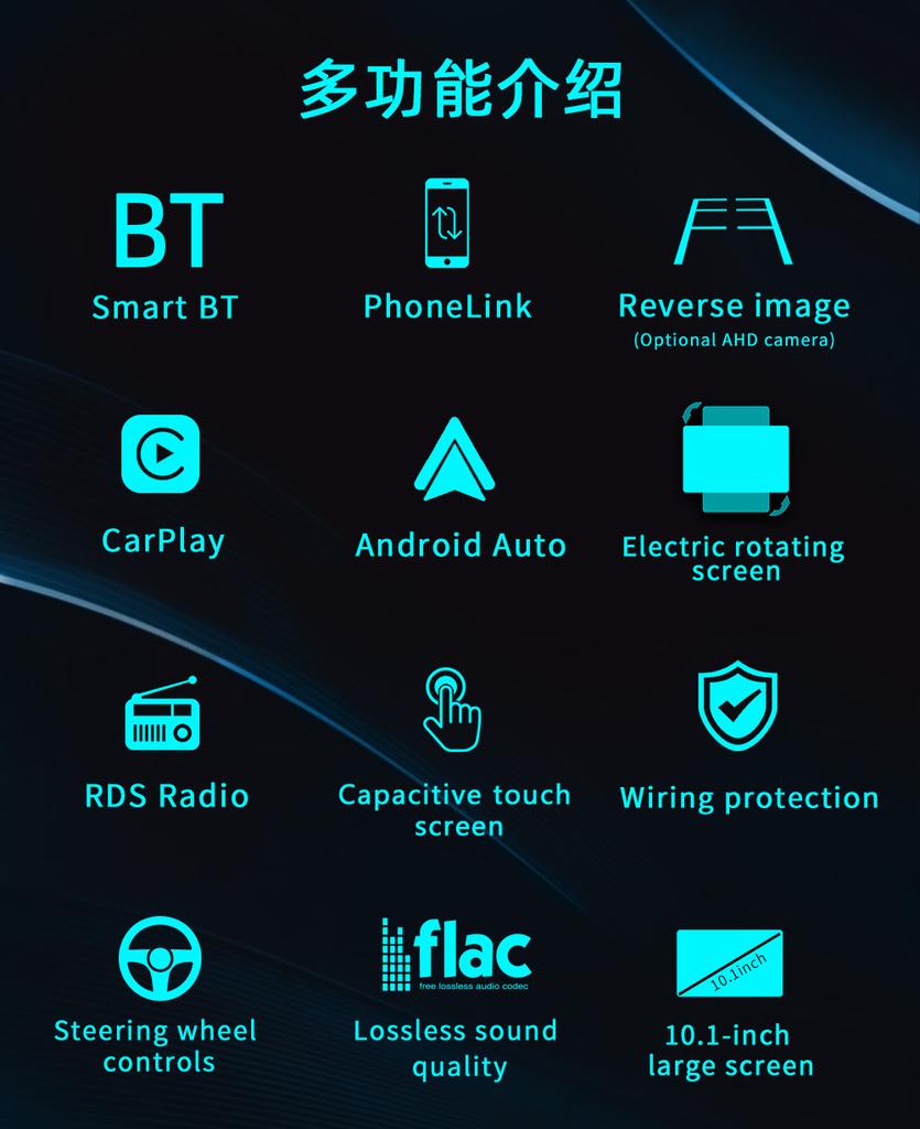 BQCC 1Din 10.1 inch Rotatable Screen Car MP5 Wireless Car and Android Auto Bluetooth Connection FM AM 9930L