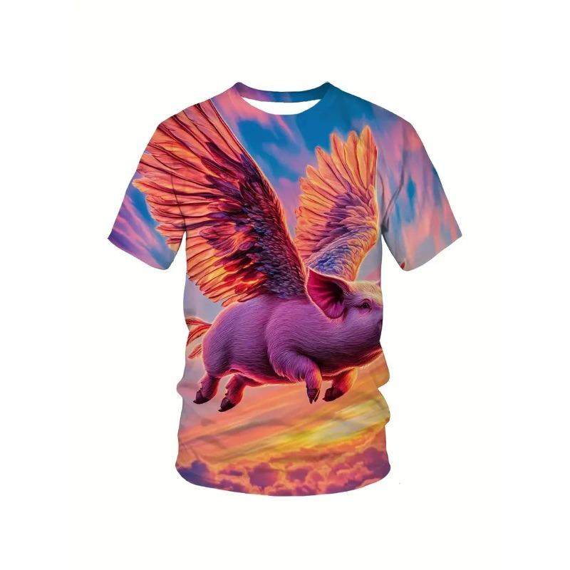 3D Print Men's Funny Flying Pig Graphic T-Shirts Clothes Summer Round Neck Short Sleeve Cute Pig Casual T-shirts
