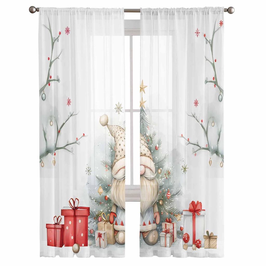 Christmas Dwarf Tree Watercolor Sheer Curtains Modern Gauze Curtain for Living Room Bedroom Voile Yarn Curtains