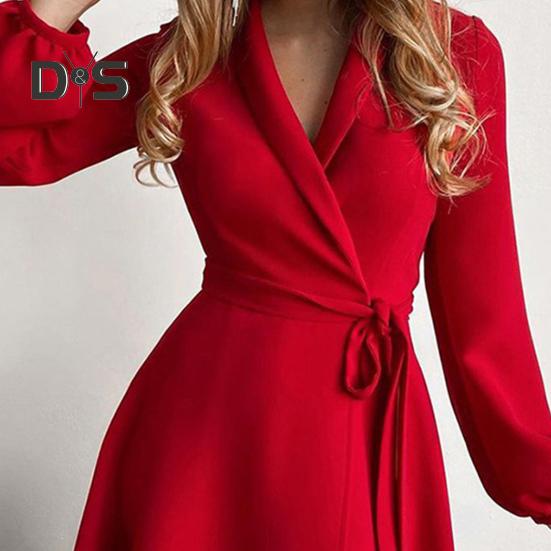 Abito da Donna Autunno Inverno con Allacciatura in Vita, Rever a V, A-line, Color Block, Stile Cappotto, Maniche Lunghe, Lavoro, Business, Miniabito