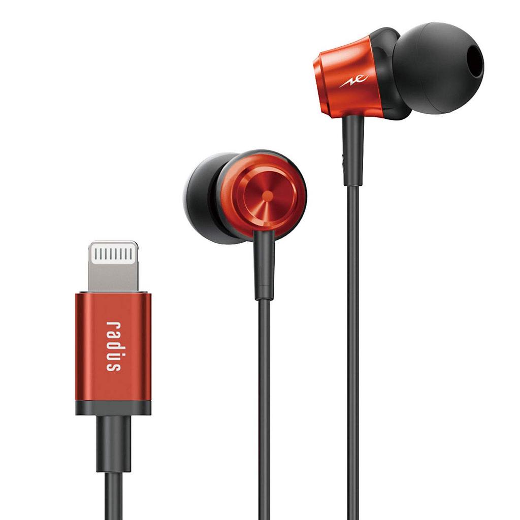 Radius iPhone Lightning type earphones with remote control and HP-NEL11 Earphones connection, in-ear microphone, HP-NEL11R (Red)