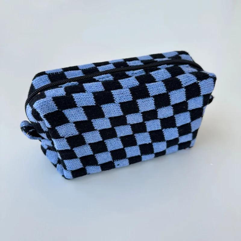 Colorful Checkerboard Plush Clutch Makeup Bag Large Capacity Cosmetic Storage Bag Skincare Organizer Toiletries Bag