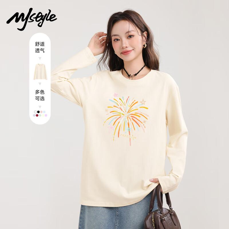 MJ STYLE Women s Pure Cotton Round Neck Long Sleeve Drop Shoulder T-Shirt M