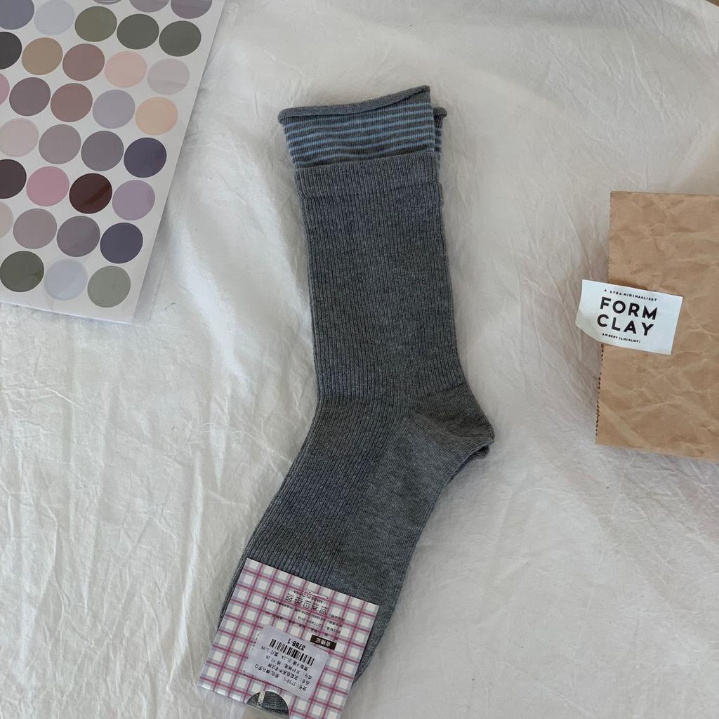 Autumn Gray Gray Double Needle Stack Socks Women'S Medium Stripe Solid Color Lace Double Screw Mouth Simple And Versatile