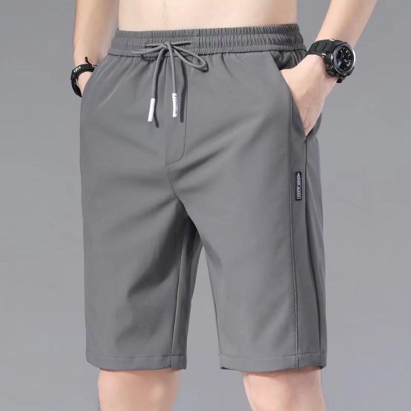 Summer Men's Casual Shorts Elastic Drawstring Waist Straight Wide Leg Shorts Pockets Ice Silk Solid Color Sport Shorts