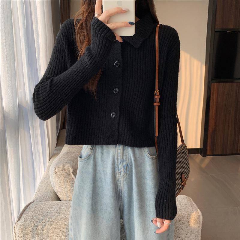 

Autumn and winter new semi-turtleneck cardigan wearing soft waxy sweater women s short lapel solid color knitted sweater one size fits all