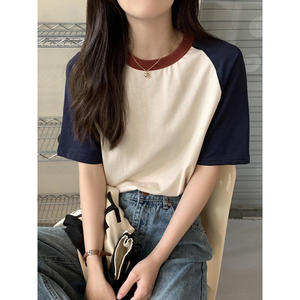

AOSSVIAO Summer Tops for Women Tshirt Turn Down Collar Short Sleeve Beige Blue Chic Y2k Fashion Patchwork 2026 T Shirts M