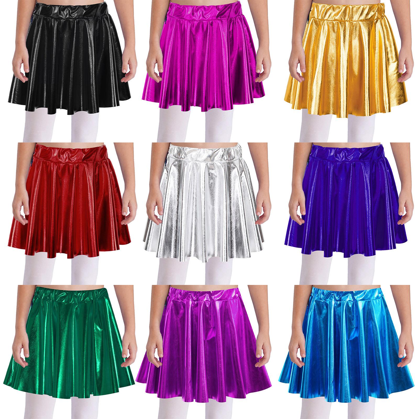 

Kids Girls Shiny Bronzing Cloth Style Elastic Waistband Dance Skirt Stage Performance Clothing 10-12 Years червоний