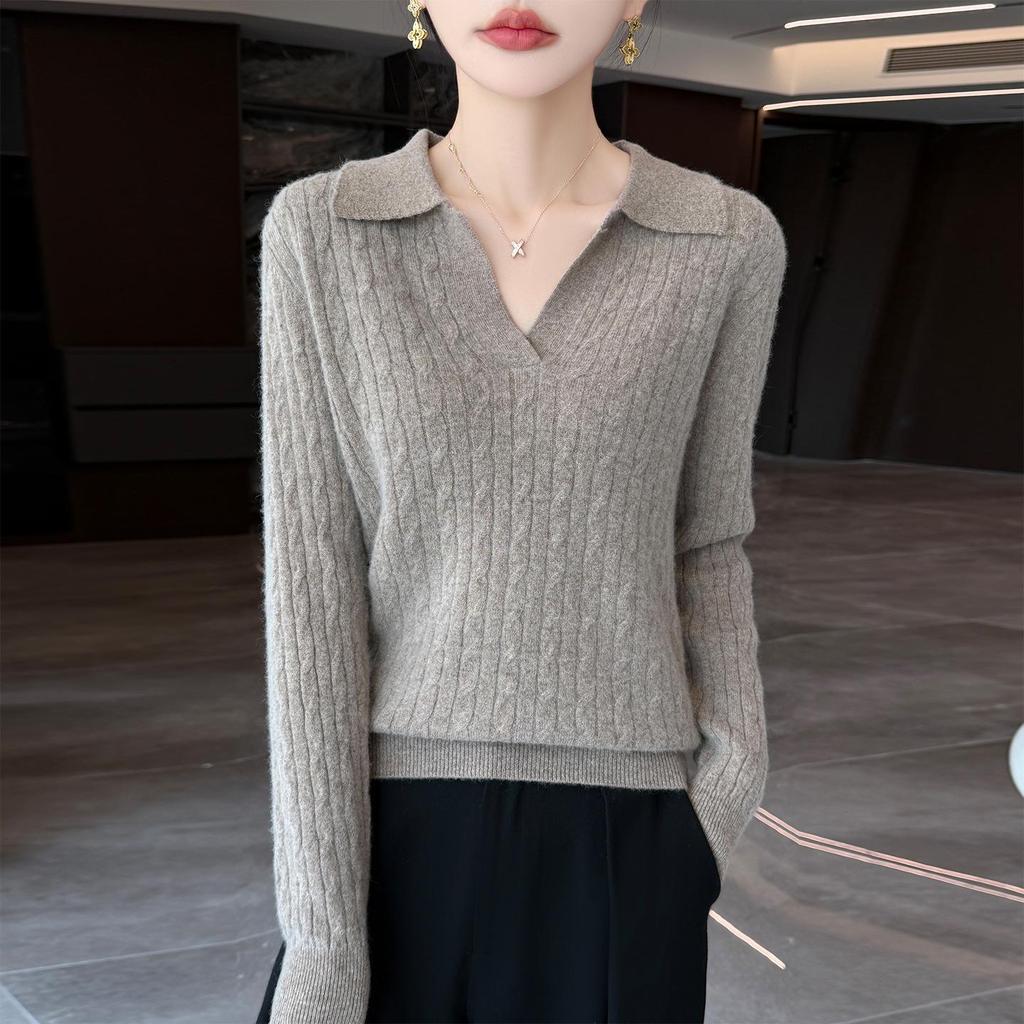 Women's Slim Fit French Polo Collar Long Sleeve Silk-Cotton Knitted Sweater.