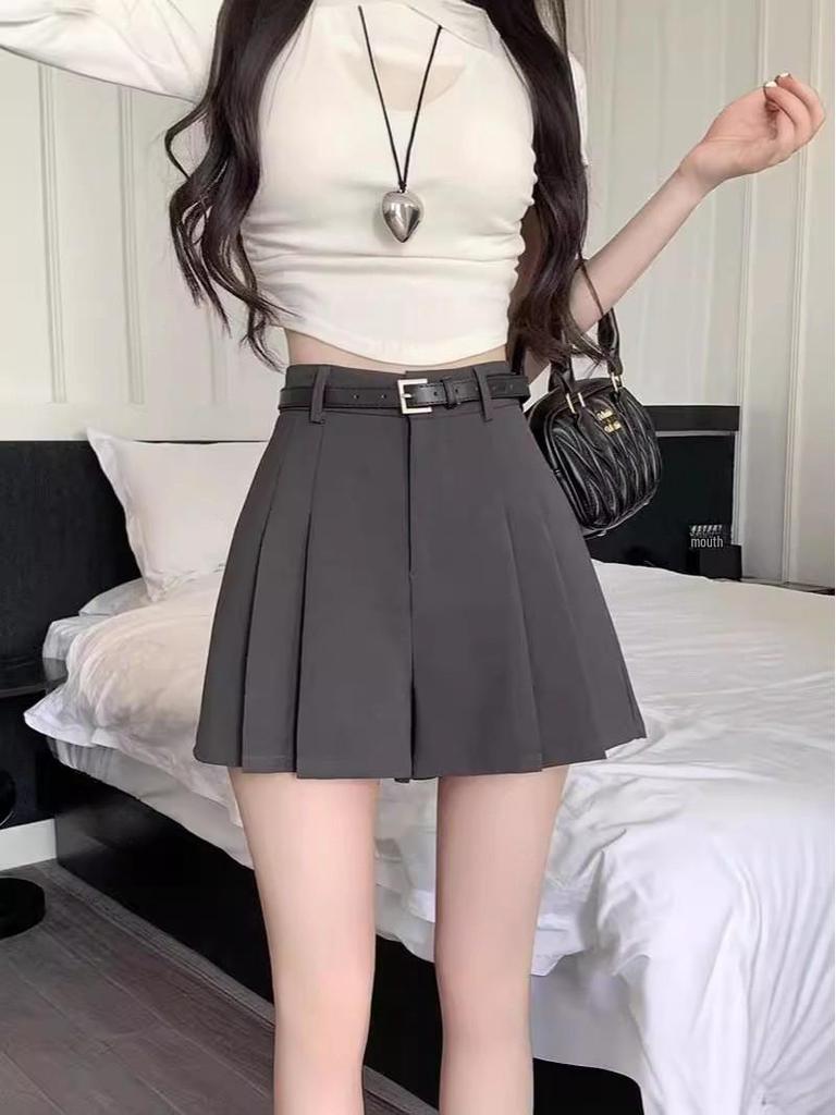 2024 Spring Korean Retro Pleated A-Line Short Skirt with Lining - College Style