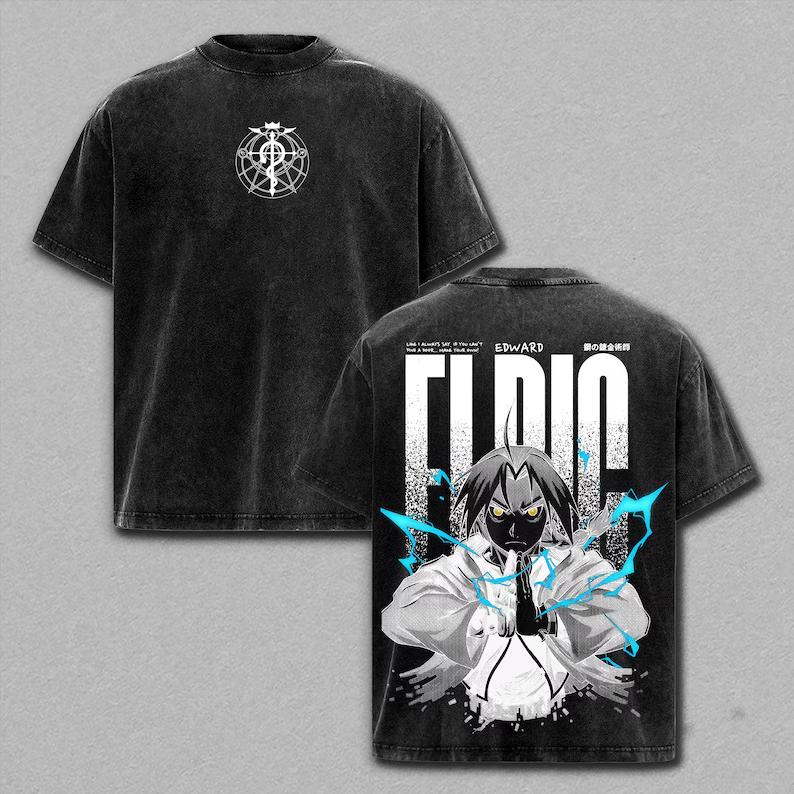 Fullmetal Alchemist Edward Elric Print Tee Men Women Retro Washed T-shirts Cotton T Shirt Short Sleeve Clothing Harajuku Tshirt