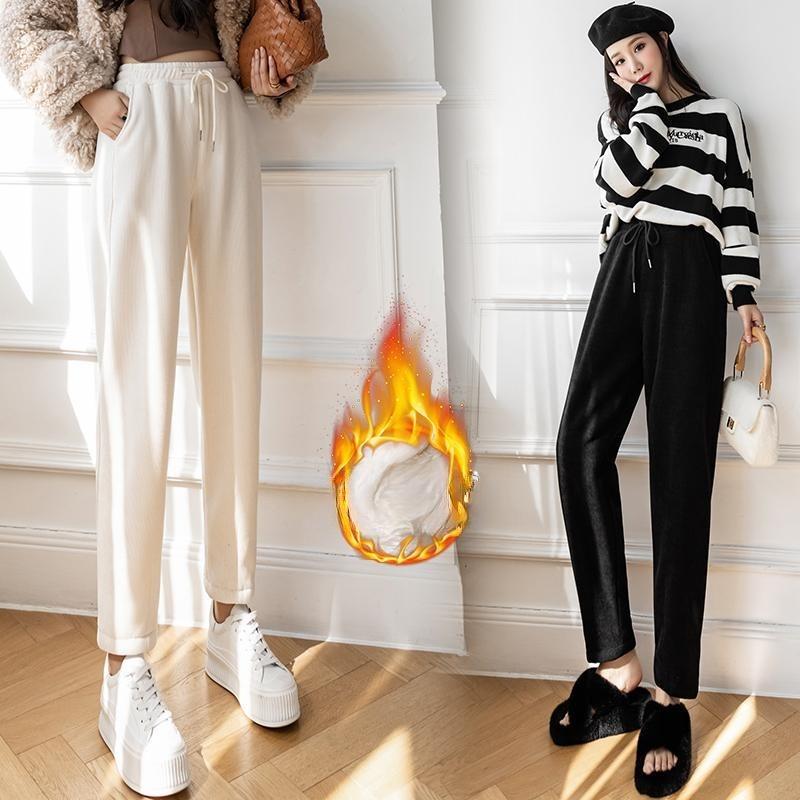 Fashion Women Casual Thicken Harem Pants Autumn Winter Plush Velvet Capris Solid Fleece Chenille Pants Women High Waist Straight Ladies Trousers 2356