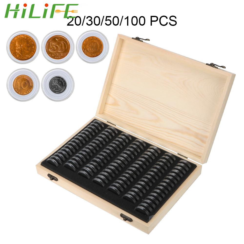 HILIFE Coin Storage Box With Adjustment Pad 20/30/50/100PCS Adjustable Wooden Commemorative Coin Collection Case Holder CapsulesGood product
