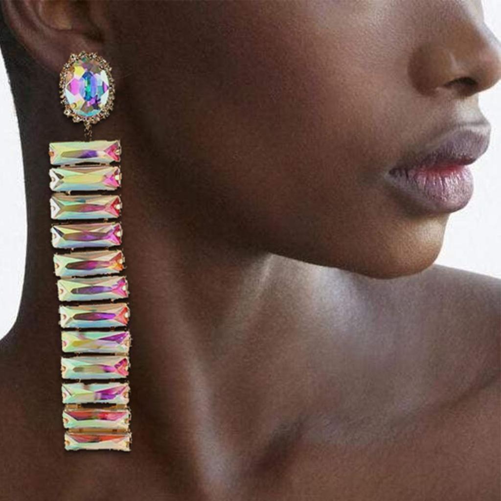 Shiny Colorful Rhinestone Long Drop Earrings Trendy Women Geometric Crystal Earrings Jewelry Accessories