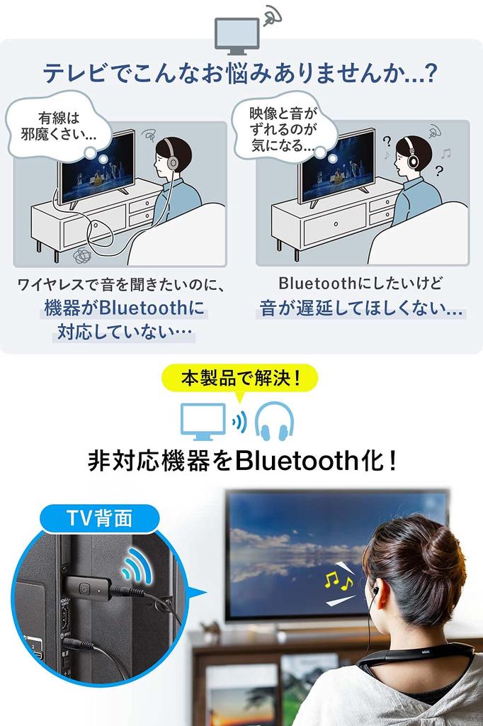 Sanwa Direct Nadajnik Bluetooth dla telewizorów LL USB Bluetooth, Kompatybilny z apt-X, Zasilany, Nadajnik 5.0, 400-BTAD010