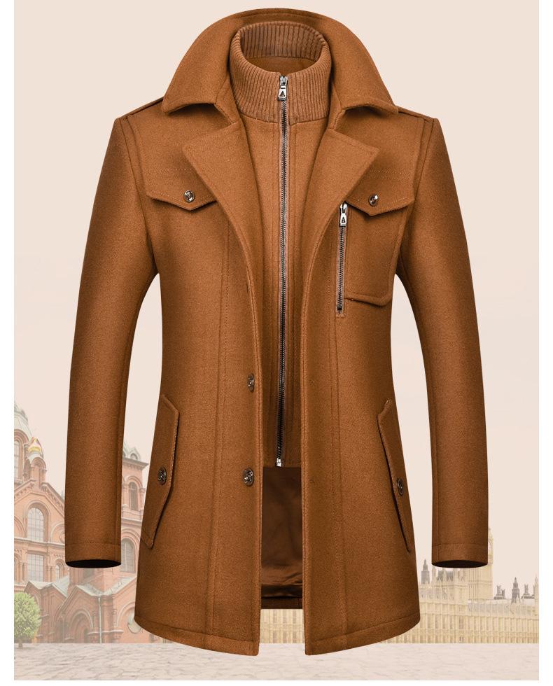 European Style Woolen Double Collar Men's Windbreaker – Vertical Zipper, Thickened Plus Size for Autumn/Winter.